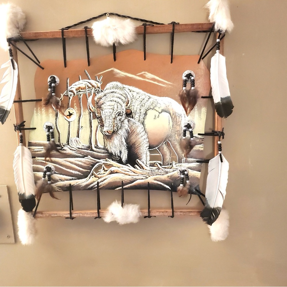 Rustic White Buffalo Wall Art with Feathers